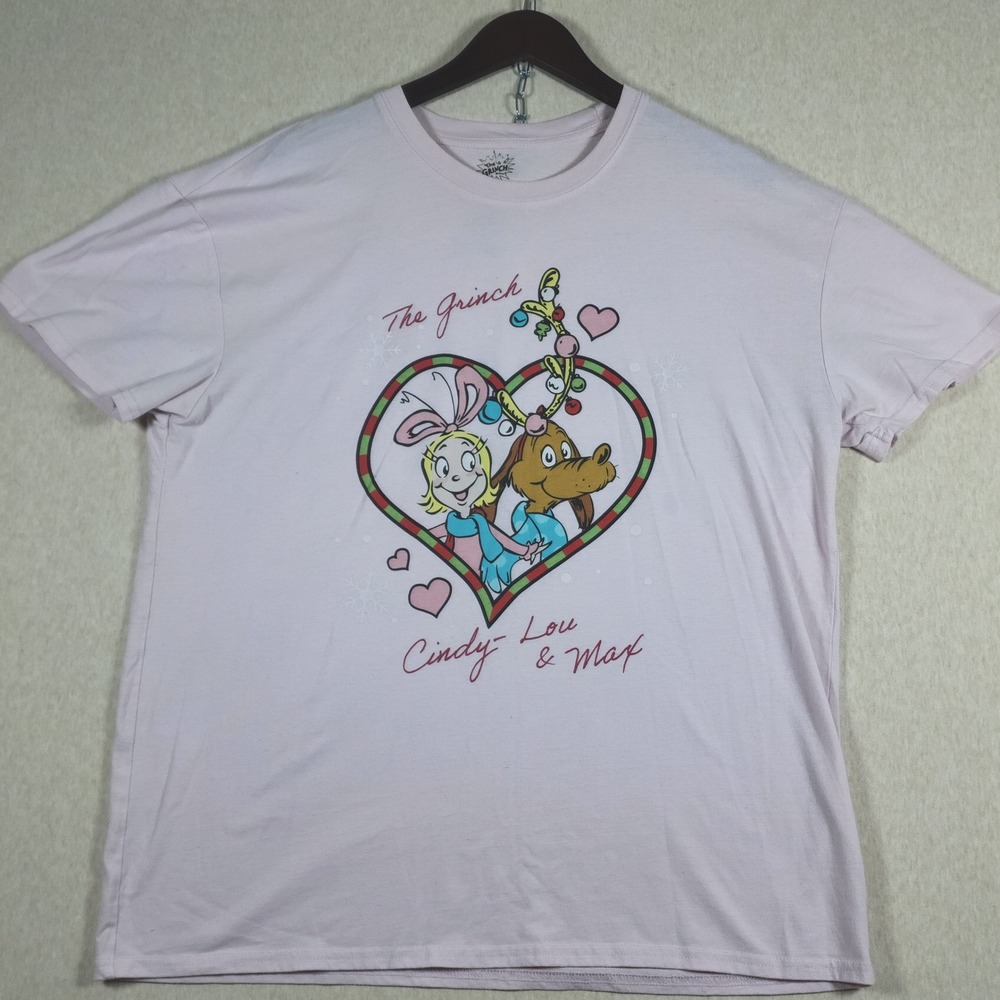 The Grinch Cindy Lou and Max Heart Graphic Pink T Shirt XL Dr Seuss Holiday Tee